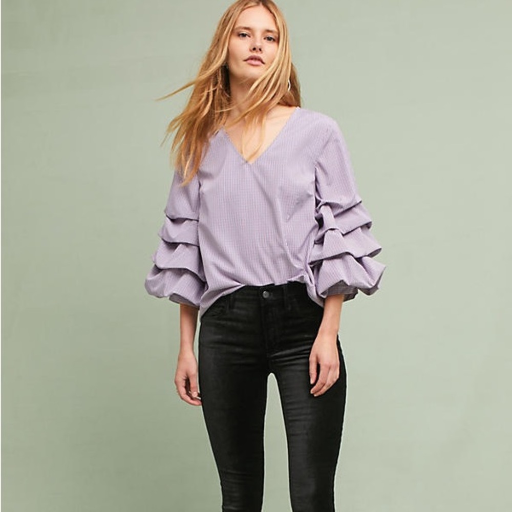 Anthropologie Sunday in Brooklyn gingham blouse with romantic gathered sleeves